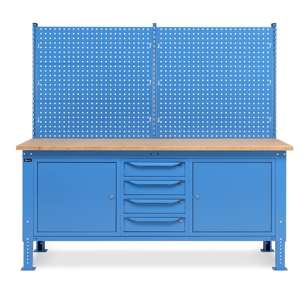 Produktabbildung Nr. 3: Établi Fami, réglable en Hauteur de construction, avec Mur multifonction, 4 tiroirs et 2 placards, capacité de charge 1 000 kg, HxLxP 740-1 110 x 2 000 x 750 mm, RAL 5012 bleu clair