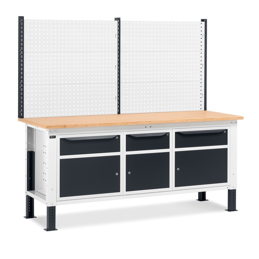 Illustration du produit: Établi Fami, réglable en Hauteur de construction, avec Mur multifonction, 3 tiroirs et 3 armoires, capacité de charge 1 000 kg, HxLxP 740-1,110 x 2 000 x 750 mm, RAL 7016/7035