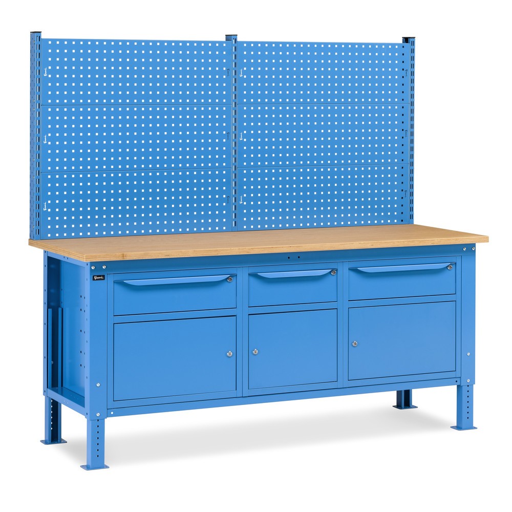 Illustration du produit: Établi Fami, réglable en Hauteur de construction, avec Mur multifonction, 3 tiroirs et 3 armoires, capacité de charge 1 000 kg, HxLxP 740-1,110 x 2 000 x 750 mm, RAL 5012 bleu clair
