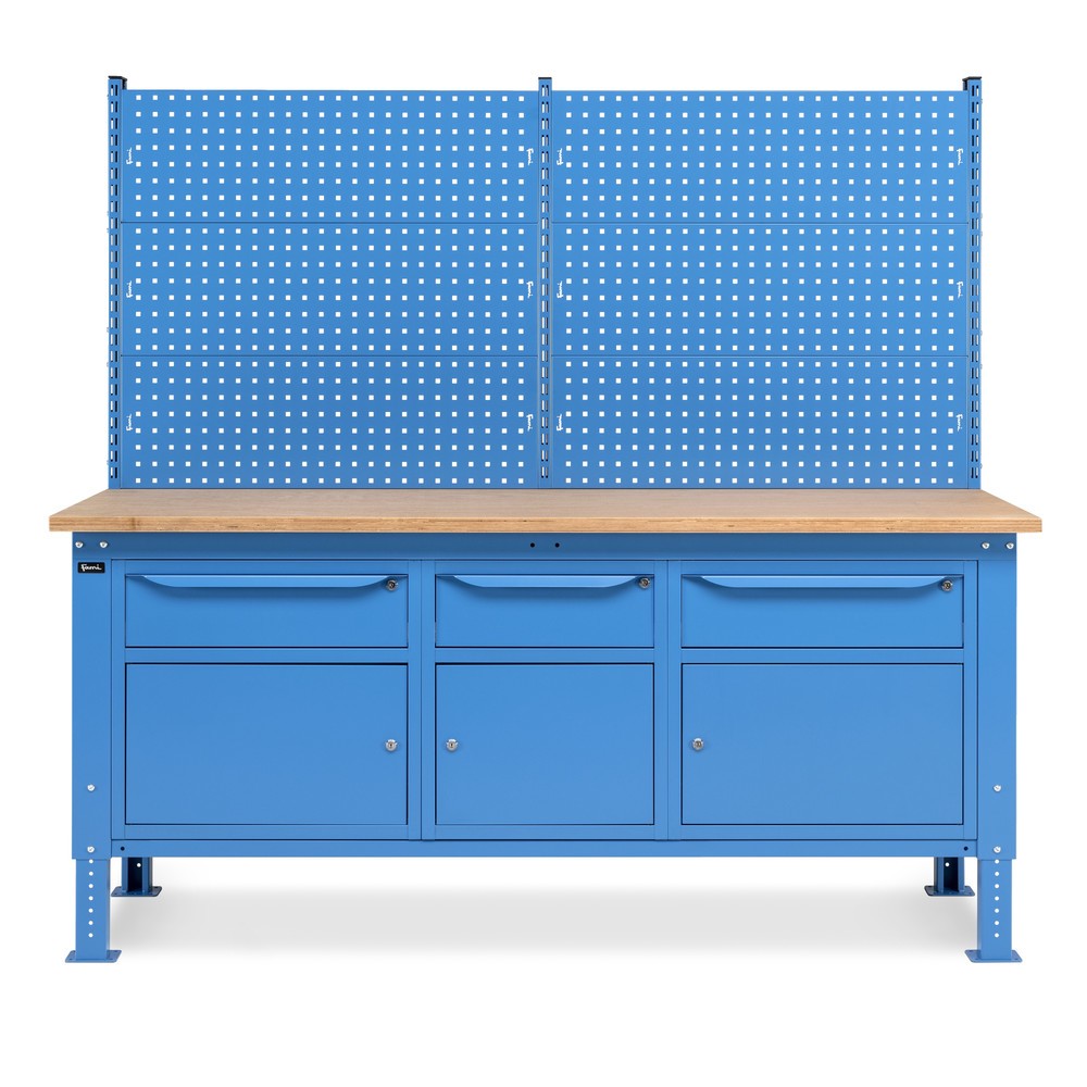 Produktabbildung Nr. 3: Établi Fami, réglable en Hauteur de construction, avec Mur multifonction, 3 tiroirs et 3 armoires, capacité de charge 1 000 kg, HxLxP 740-1,110 x 2 000 x 750 mm, RAL 5012 bleu clair