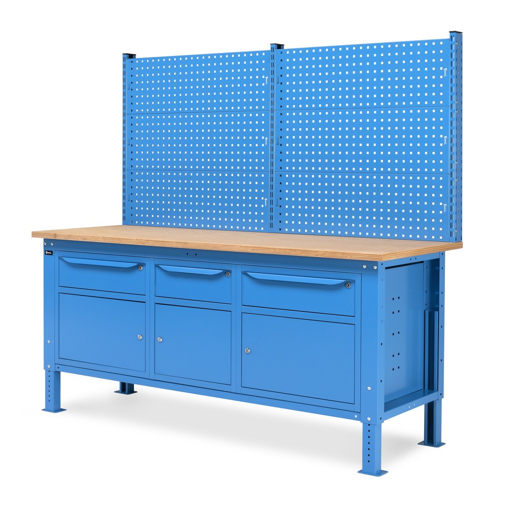 Produktabbildung Nr. 4: Établi Fami, réglable en Hauteur de construction, avec Mur multifonction, 3 tiroirs et 3 armoires, capacité de charge 1 000 kg, HxLxP 740-1,110 x 2 000 x 750 mm, RAL 5012 bleu clair