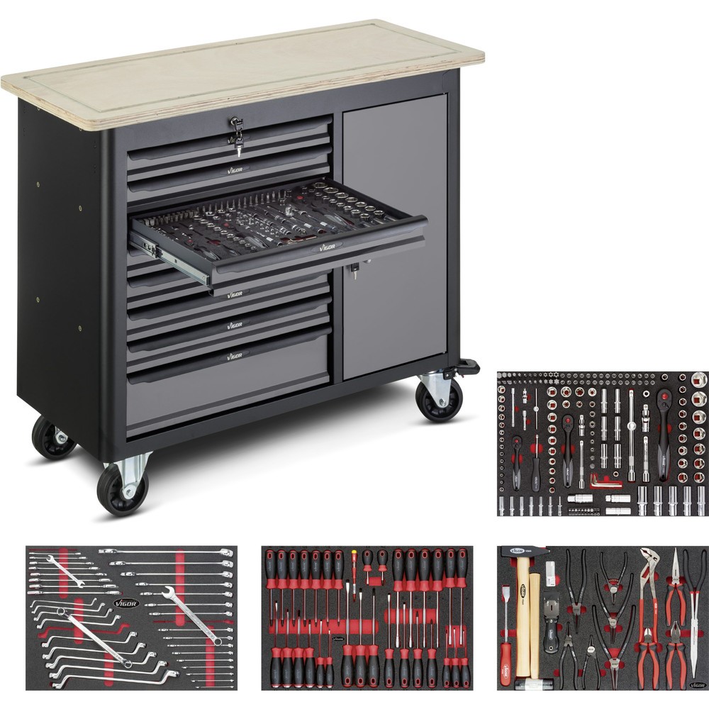 Produktabbildung Nr. 1: Établi VIGOR® 1000, assortiment avec 265 pièces inclus, 8 tiroirs + 1 armoire
