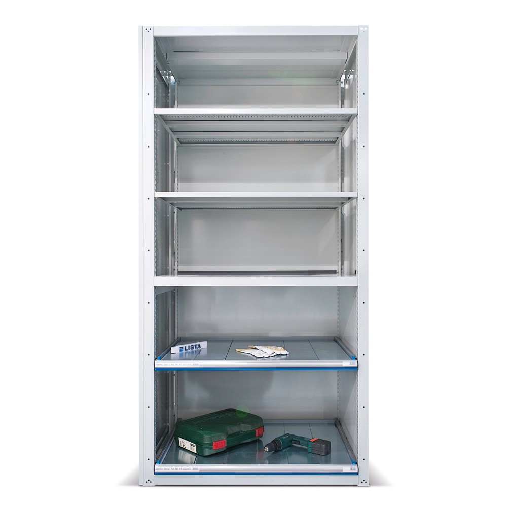 Illustration du produit: Étagère à tiroirs LISTA haut de gamme, module de base, 2 tablettes coulissantes, gris clair