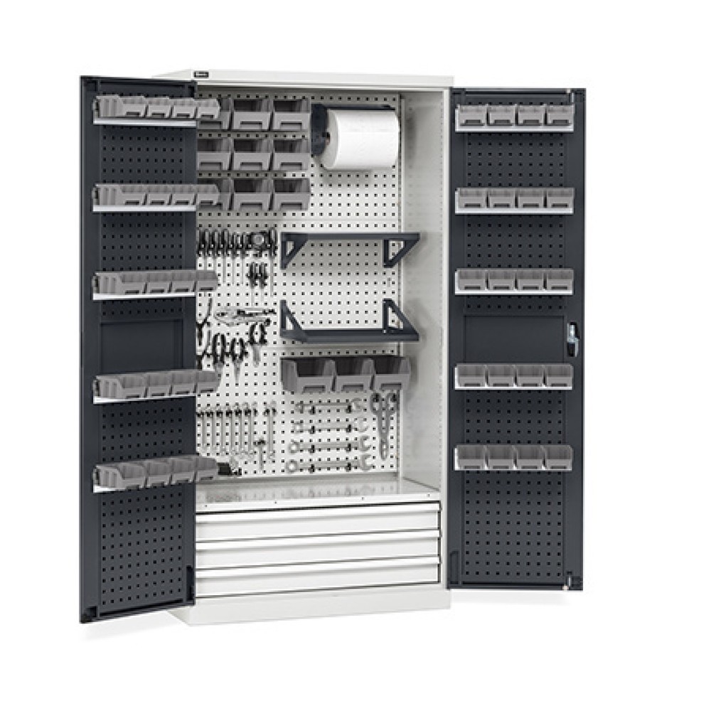Produktabbildung Nr. 1: Fami PERFOM Armoire d'atelier, 4 tablettes perforées, 3 tiroirs, plaques perforées pour porte, bacs à bec, HxlxP 2 000 x 1 023 x 726 mm, gris clair, anthracite