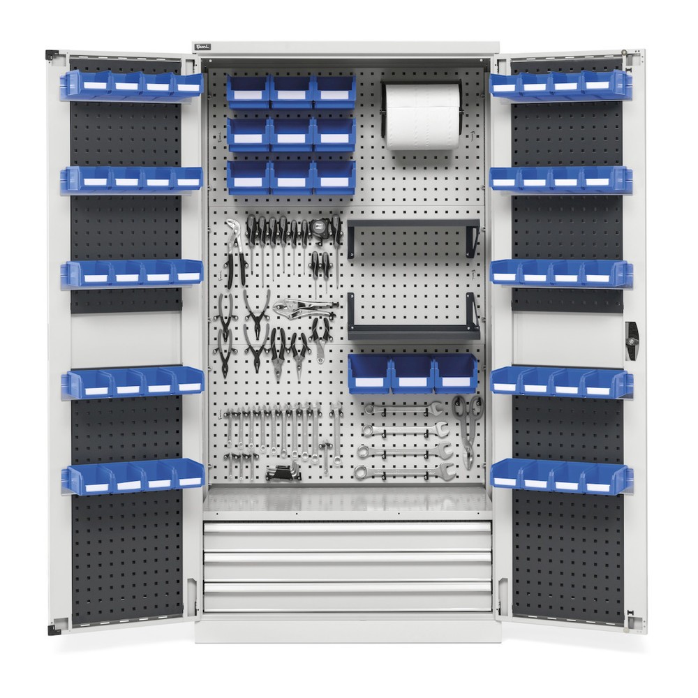 Produktabbildung Nr. 2: Fami PERFOM Armoire d'atelier, 4 tablettes perforées, 3 tiroirs, plaques perforées pour porte, bacs à bec, HxlxP 2 000 x 1 023 x 726 mm, gris clair, anthracite