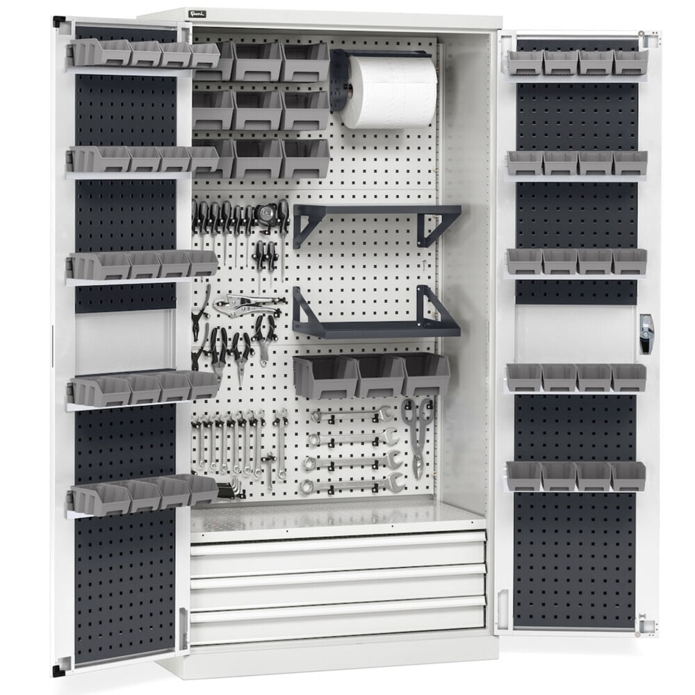 N° de l'image du produit 13 : Fami PERFOM Armoire d'atelier, 4 tablettes perforées, 3 tiroirs, plaques perforées pour porte, bacs à bec, HxlxP 2 000 x 1 023 x 726 mm, gris clair