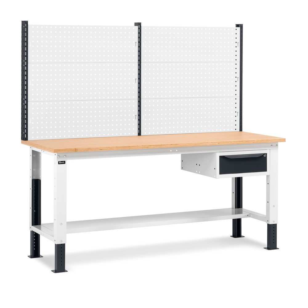 Produktabbildung: Fami Werkbank, höhenverstellbar, mit Multifunktionswand u. 1 Schublade, TK 1.000 kg, HxBxT 740-1.110 x 2.000 x 750 mm, RAL 7035 lichtgrau / RAL 7016 anthrazitgrau