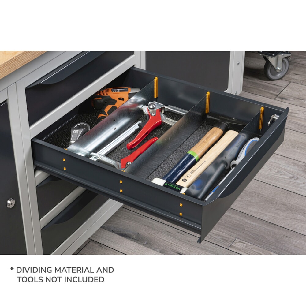 Produktabbildung Nr. 2: Fami Werkbank, höhenverstellbar, 4 Schubladen, Flügeltürschrank, Rückwand mit 2 Fachböden, TK 1.000 kg, HxBxT 740-1.110 x 2.000 x 750 mm, RAL 7035 lichtgrau / RAL 7016 anthrazitgrau