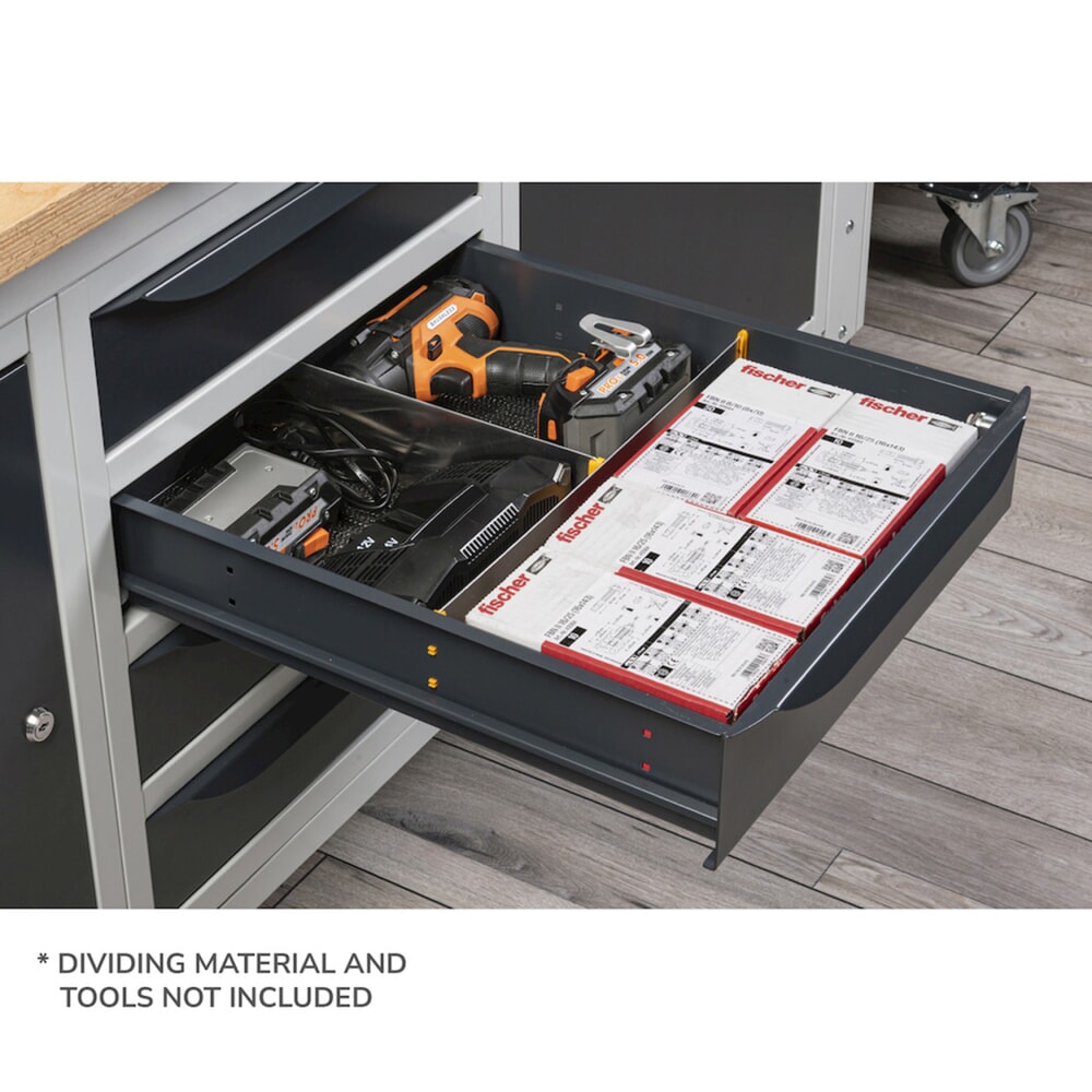 Produktabbildung Nr. 3: Fami Werkbank, höhenverstellbar, 4 Schubladen, Flügeltürschrank, Rückwand mit 2 Fachböden, TK 1.000 kg, HxBxT 740-1.110 x 2.000 x 750 mm, RAL 7035 lichtgrau / RAL 7016 anthrazitgrau