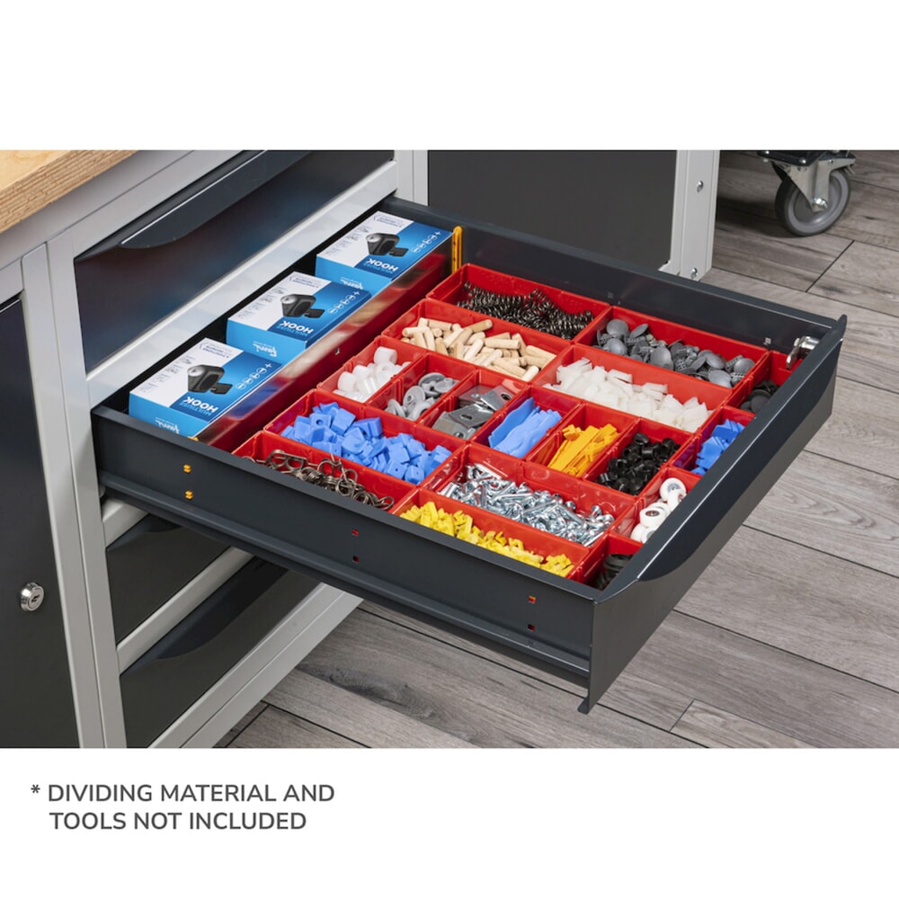 Produktabbildung Nr. 4: Fami Werkbank, höhenverstellbar, 4 Schubladen, Flügeltürschrank, Rückwand mit 2 Fachböden, TK 1.000 kg, HxBxT 740-1.110 x 2.000 x 750 mm, RAL 7035 lichtgrau / RAL 7016 anthrazitgrau