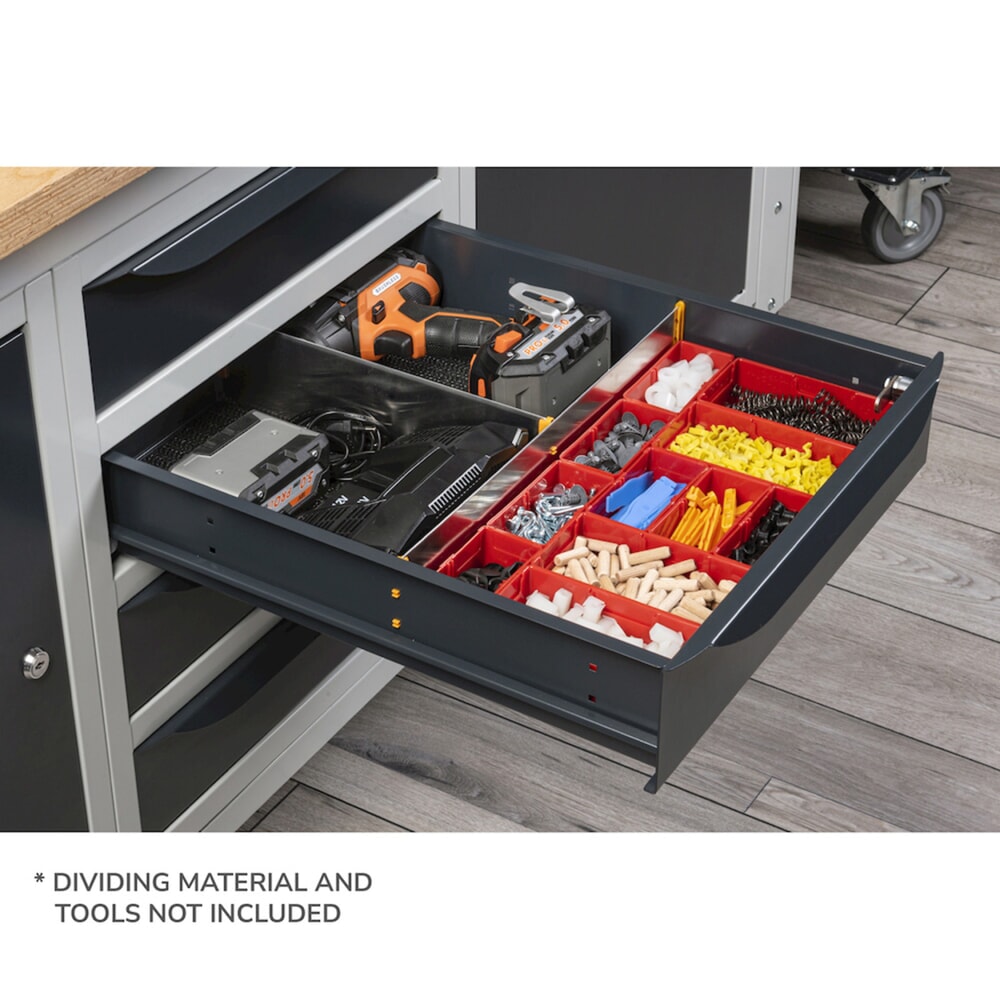 Produktabbildung Nr. 5: Fami Werkbank, höhenverstellbar, 4 Schubladen, Flügeltürschrank, Rückwand mit 2 Fachböden, TK 1.000 kg, HxBxT 740-1.110 x 2.000 x 750 mm, RAL 7035 lichtgrau / RAL 7016 anthrazitgrau