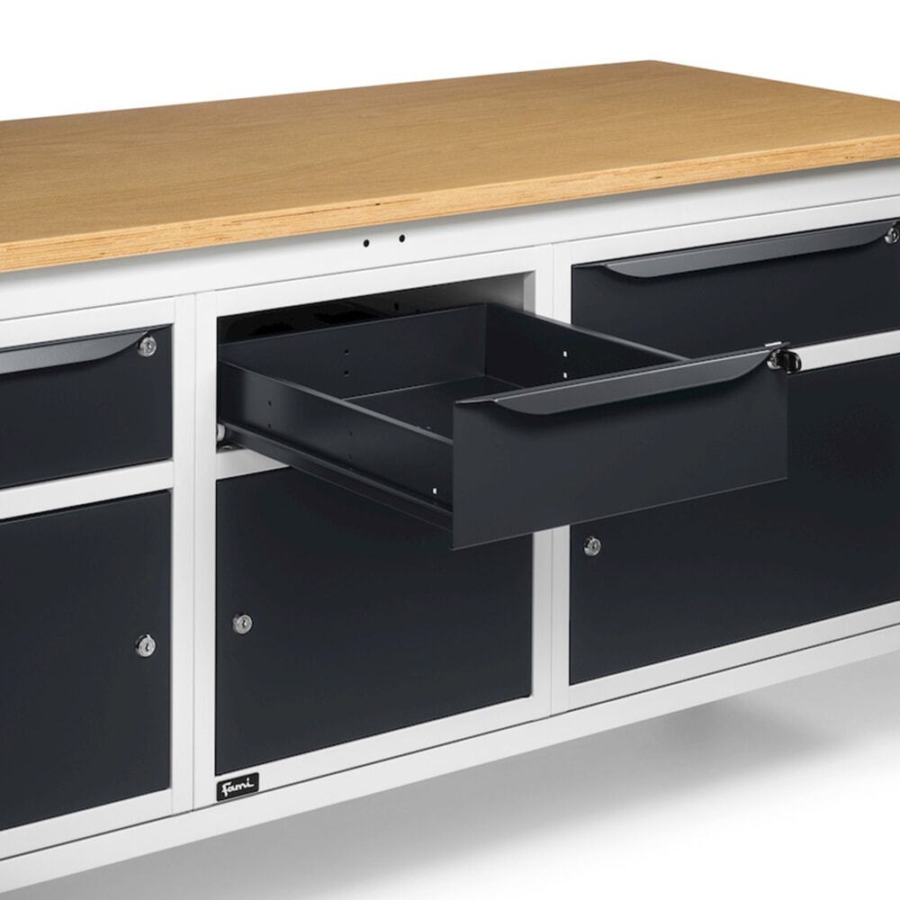 Produktabbildung Nr. 10: Fami Werkbank, höhenverstellbar, 3 Schubladen u. 3 Schränke, TK 1.000 kg, HxBxT 740-1.110 x 2.000 x 750 mm, RAL 7035 lichtgrau / RAL 7016 anthrazitgrau