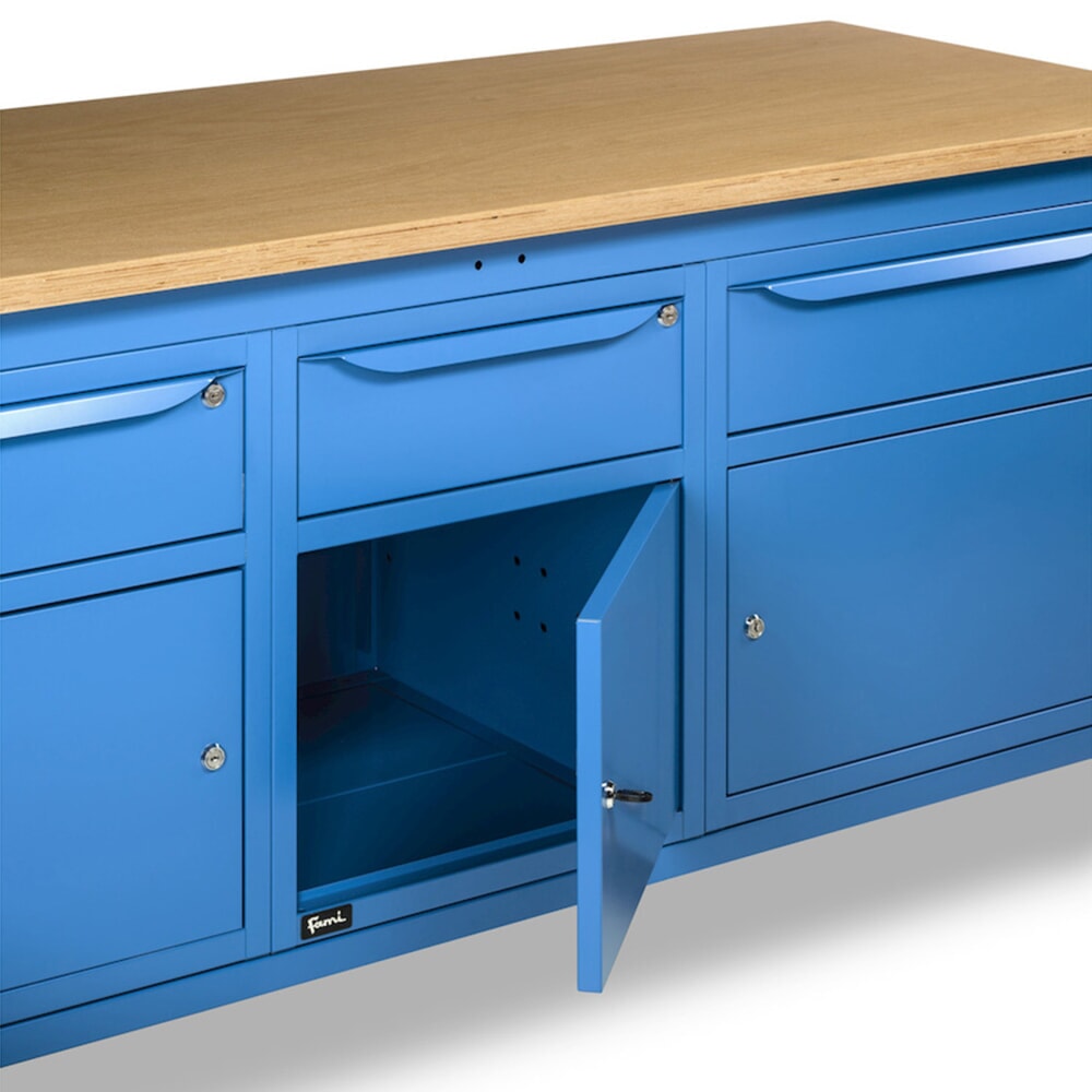Produktabbildung Nr. 11: Fami Werkbank, höhenverstellbar, 3 Schubladen u. 3 Schränke, TK 1.000 kg, HxBxT 740-1.110 x 2.000 x 750 mm, RAL 5012 lichtblau