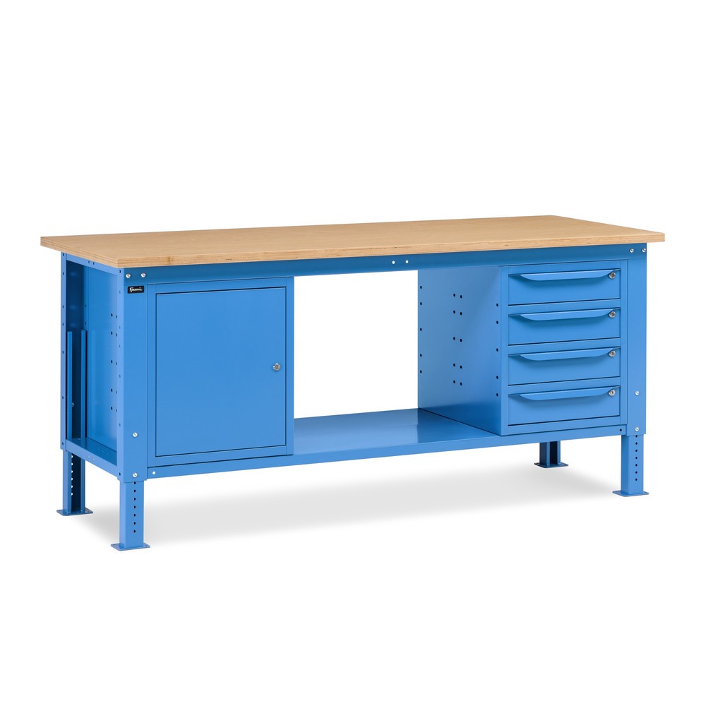 Produktabbildung Nr. 1: Fami Werkbank, höhenverstellbar, 4 Schubladen u. 1 Schrank, TK 1.000 kg, HxBxT 740-1.110 x 2.000 x 750 mm, RAL 5012 lichtblau