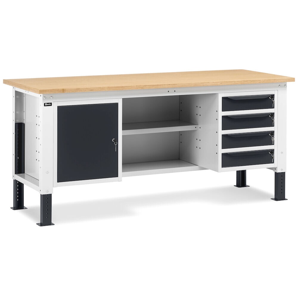 Produktabbildung Nr. 8: Fami Werkbank, höhenverstellbar, 4 Schubladen, Flügeltürschrank, Rückwand mit 2 Fachböden, TK 1.000 kg, HxBxT 740-1.110 x 2.000 x 750 mm, RAL 7035 lichtgrau / RAL 7016 anthrazitgrau