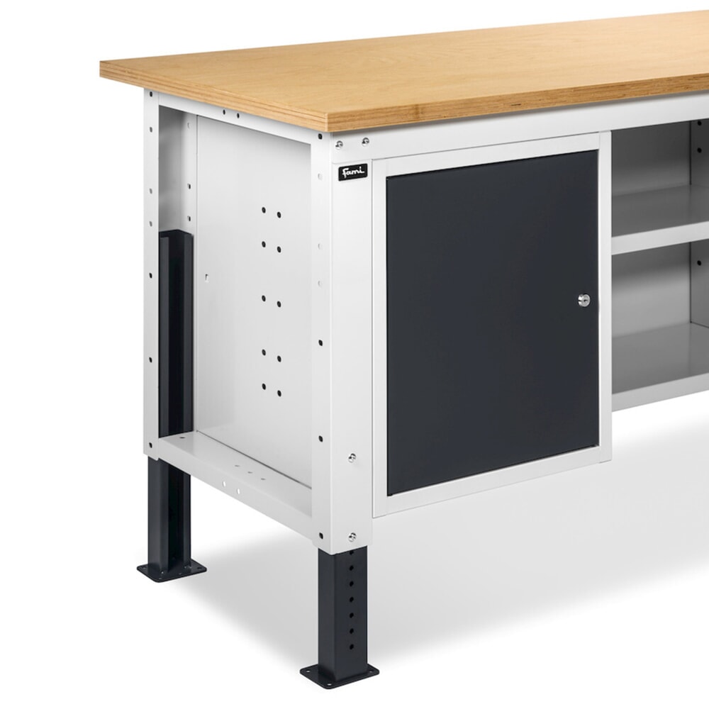 Produktabbildung Nr. 11: Fami Werkbank, höhenverstellbar, 4 Schubladen, Flügeltürschrank, Rückwand mit 2 Fachböden, TK 1.000 kg, HxBxT 740-1.110 x 2.000 x 750 mm, RAL 7035 lichtgrau / RAL 7016 anthrazitgrau
