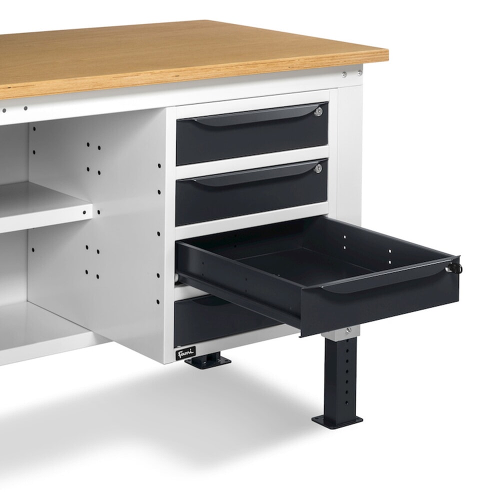 Produktabbildung Nr. 10: Fami Werkbank, höhenverstellbar, 4 Schubladen, Flügeltürschrank, Rückwand mit 2 Fachböden, TK 1.000 kg, HxBxT 740-1.110 x 2.000 x 750 mm, RAL 7035 lichtgrau / RAL 7016 anthrazitgrau