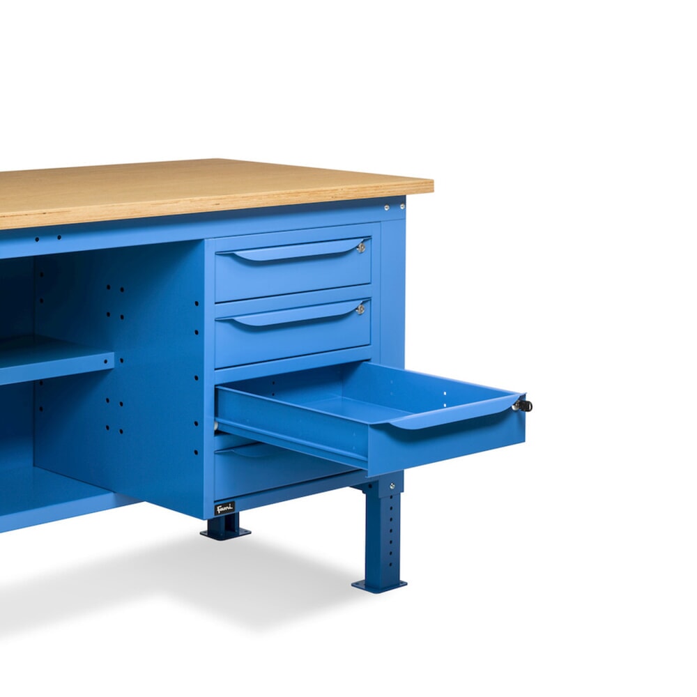 Produktabbildung Nr. 10: Fami Werkbank, höhenverstellbar, 4 Schubladen, Rückwand u. 2 Fachböden, TK 1.000 kg, HxBxT 740-1.110 x 1.500 x 750 mm, RAL 5012 lichtblau