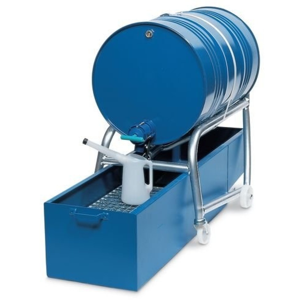Produktabbildung: Fasskipper mit Hebelstange, für 1x 200-Liter-Fass, inkl. Rollenauflage und Auffangwanne