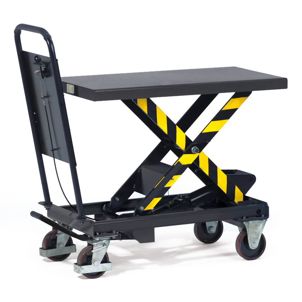 Illustration du produit: fetra® Chariot à plate-forme élévatrice à ciseaux avec panneau de butée, capacité de charge 500 kg, 1 010 x 520 mm