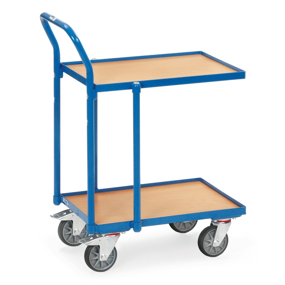 Produktabbildung: fetra® Eurokasten-Etagenroller aus Stahl mit Schiebebügel, TK 250 kg, Holzplattform mit Rand BxT 610 x 410 mm