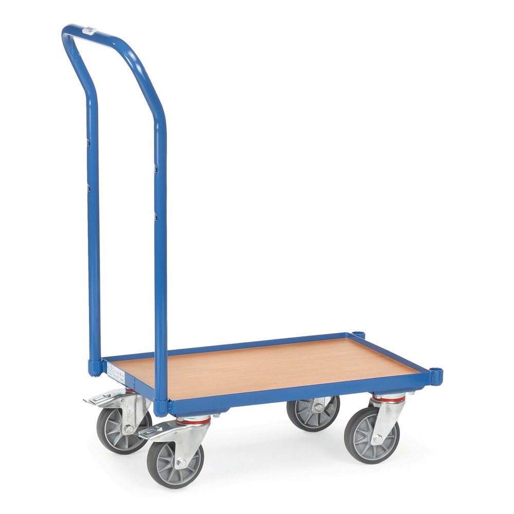 Produktabbildung: fetra® Eurokasten-Roller aus Stahl mit Schiebebügel, TK 250 kg, Holzplattform mit Rand BxT 610 x 410 mm