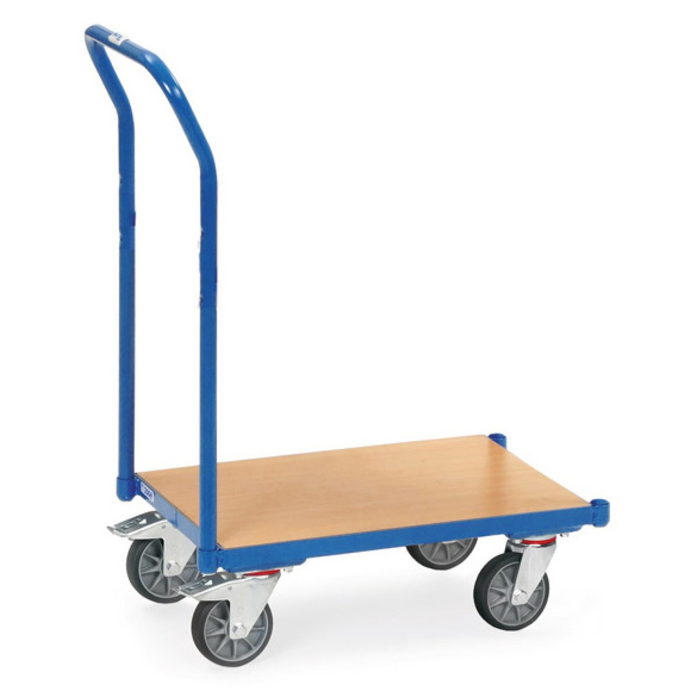 Produktabbildung: fetra® Eurokasten-Roller aus Stahl mit Schiebebügel, TK 250 kg, Holzplattform BxT 610 x 410 mm