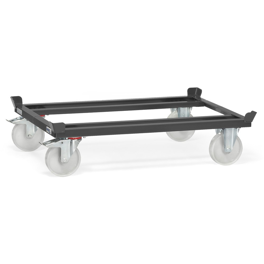 Produktabbildung: fetra® Fahrgestell mit Fangecken, TK 1.000 kg, für Paletten 1.200 x 800 mm, Polyamid-Bereifung, anthrazitgrau