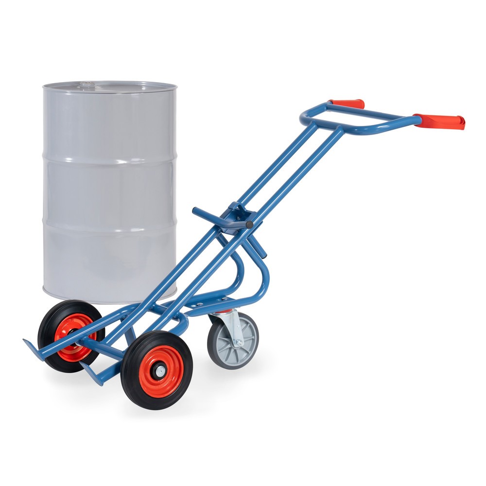 Produktabbildung: fetra® Fasskarre, Tragkraft 300 kg, mit Stützrolle, Vollgummi-Bereifung