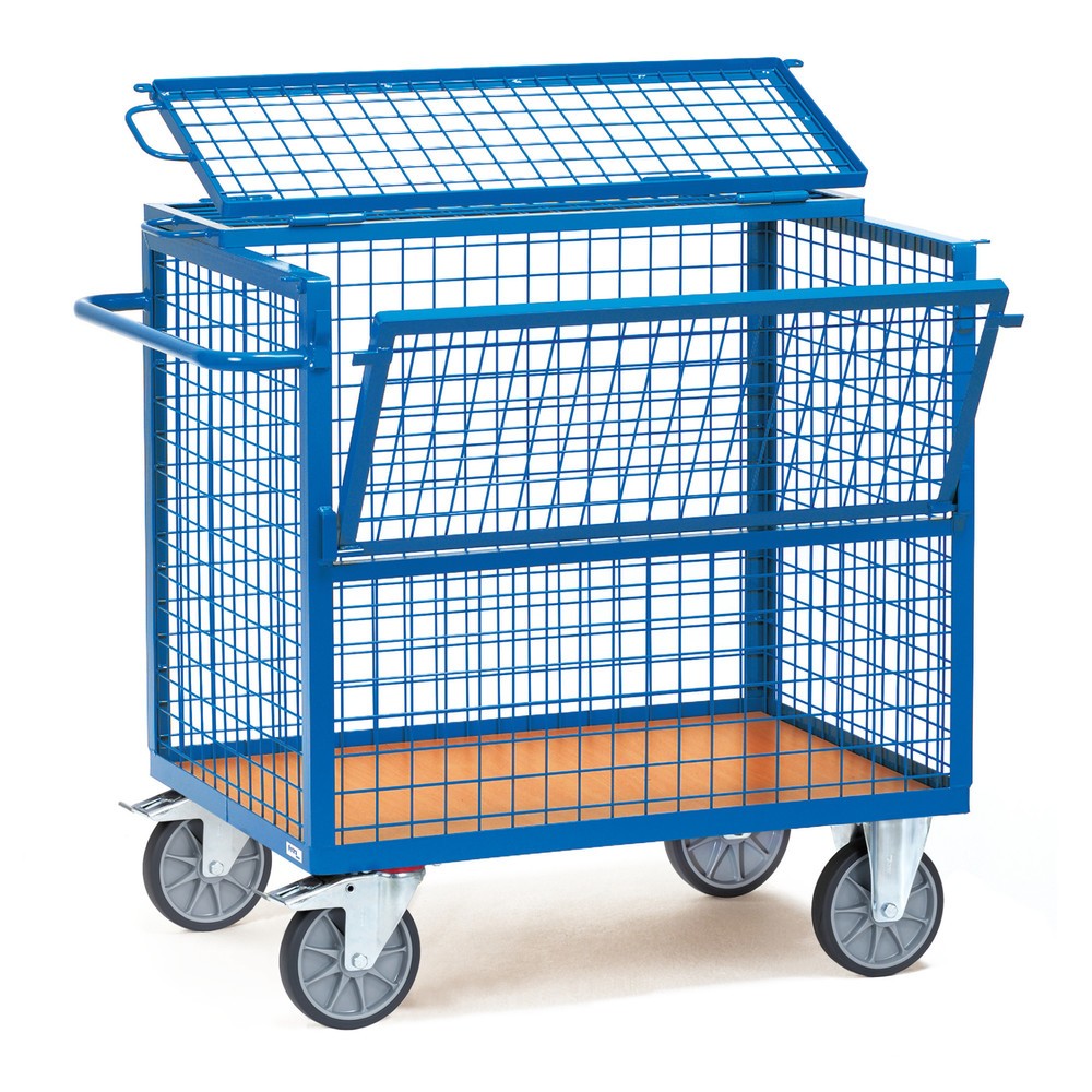 Produktabbildung: fetra® Kastenwagen mit Drahtgitterwänden, Ladefläche 1.000 x 700 mm, mit Deckel