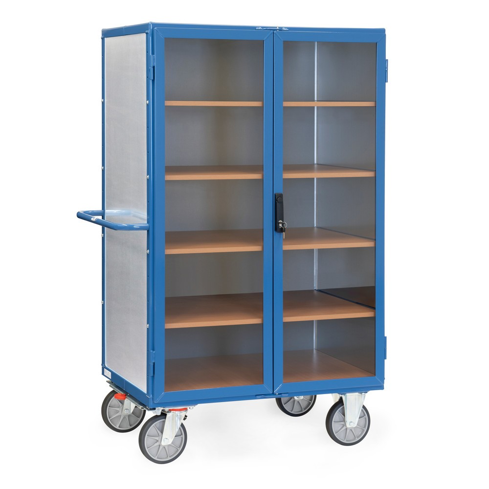 Produktabbildung: fetra® Kastenwagen mit Stahlblechwänden, transparenten Türen, 4 Zwischenböden, HxBxL 1.792 x 845 x 1.170 mm