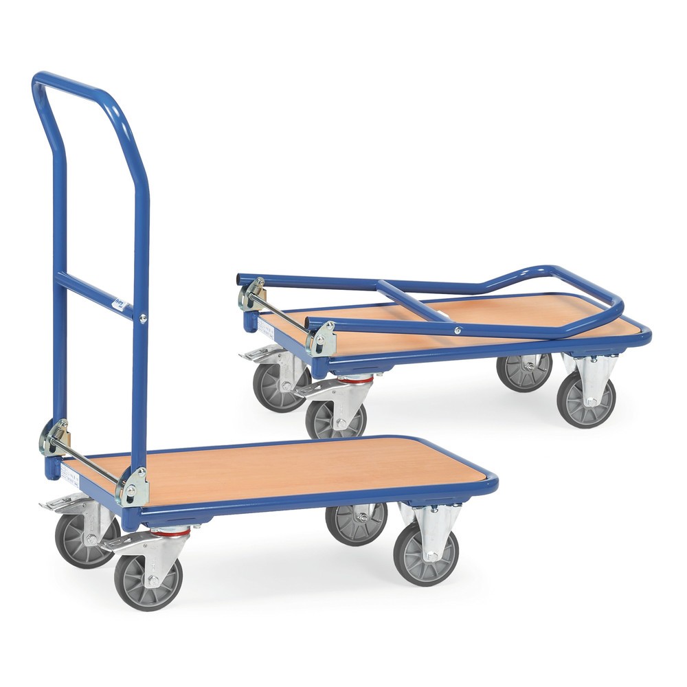 Produktabbildung: fetra® Plattformwagen mit Holzladefläche, Bügel klappbar, BxT 600 x 900 mm, TK 250 kg