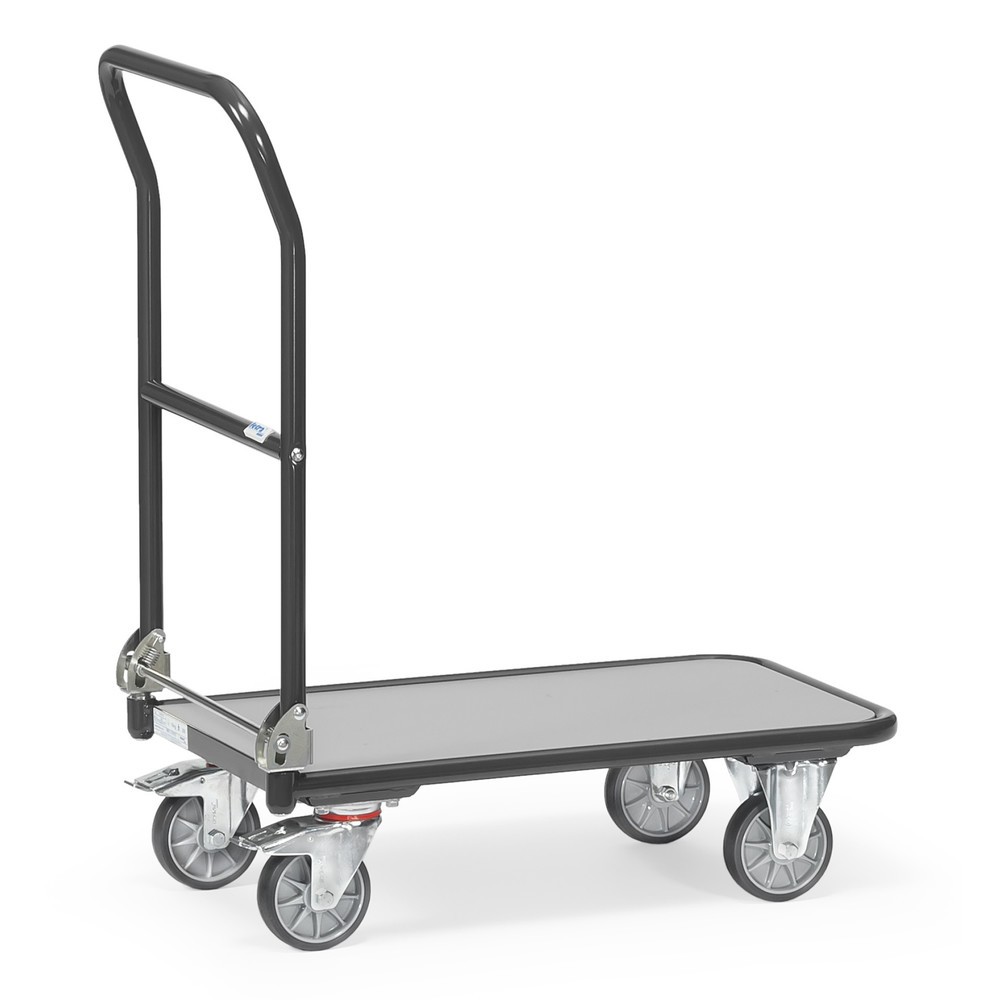 Produktabbildung: fetra® Plattformwagen mit Holzladefläche, Bügel klappbar, BxT 450 x 720 mm, TK 250 kg, anthrazitgrau