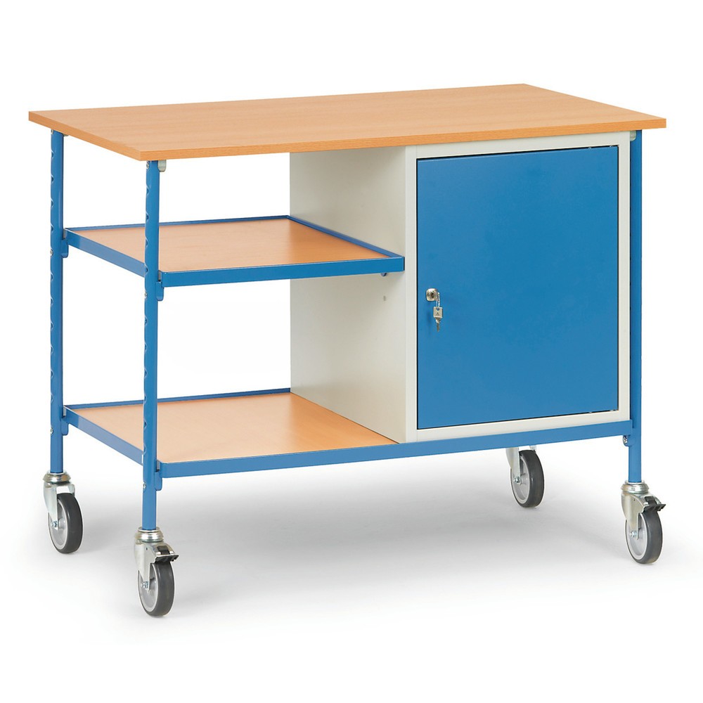 Produktabbildung: fetra® Rolltisch, Tagkraft 150 kg, 2 Ablageböden, 1 Stahlschrank