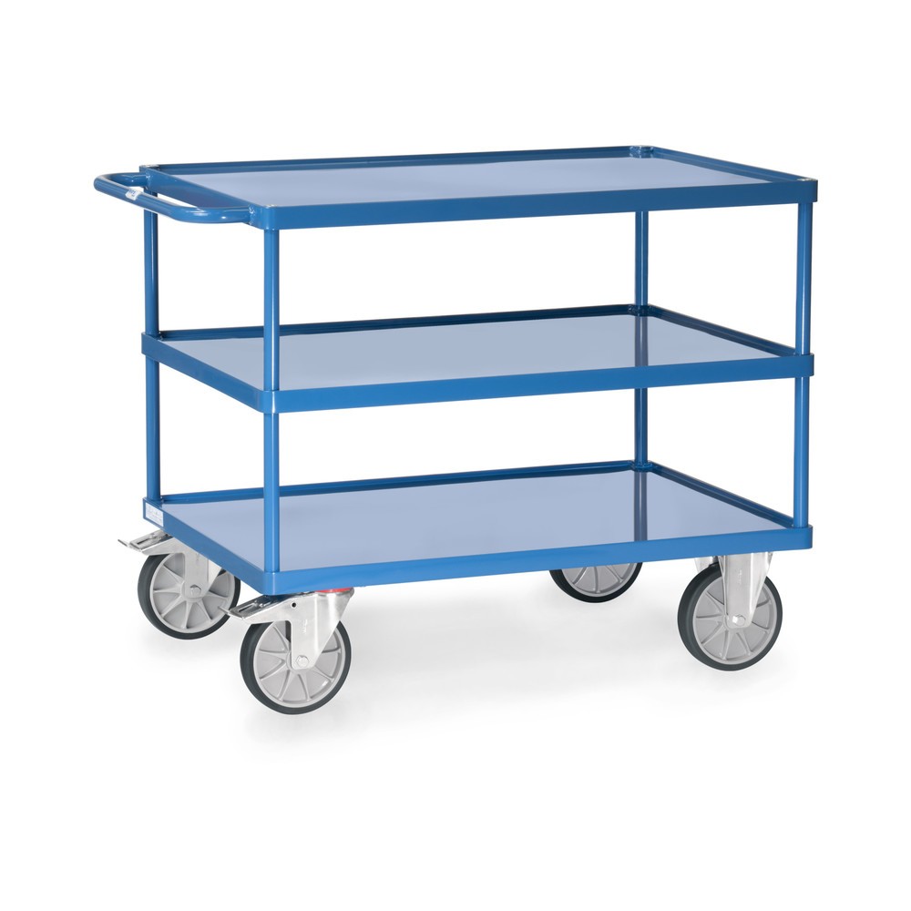 Produktabbildung: fetra® Tisch- und Montagewagen mit 3 Stahlblechwannen, Ladefläche à 850 x 500 mm