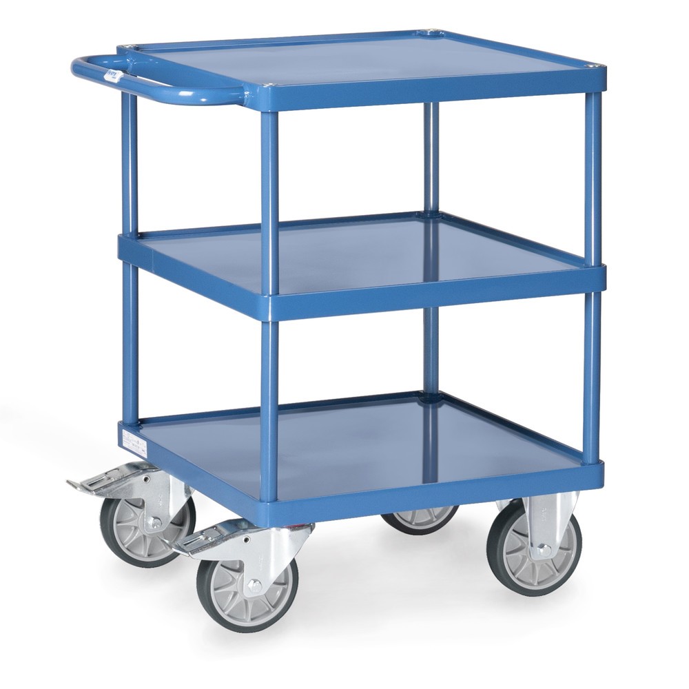 Produktabbildung: fetra® Tisch- und Montagewagen mit 3 Stahlblechwannen, Ladefläche à 600 x 600 mm