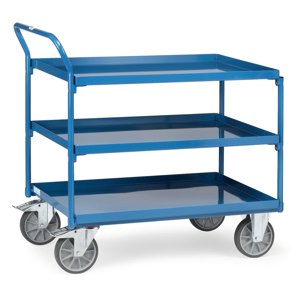Produktabbildung: fetra® Tischwagen mit öldichten Wannen, 3 Etagen à 850 x 500 mm, hochstehender Bügel