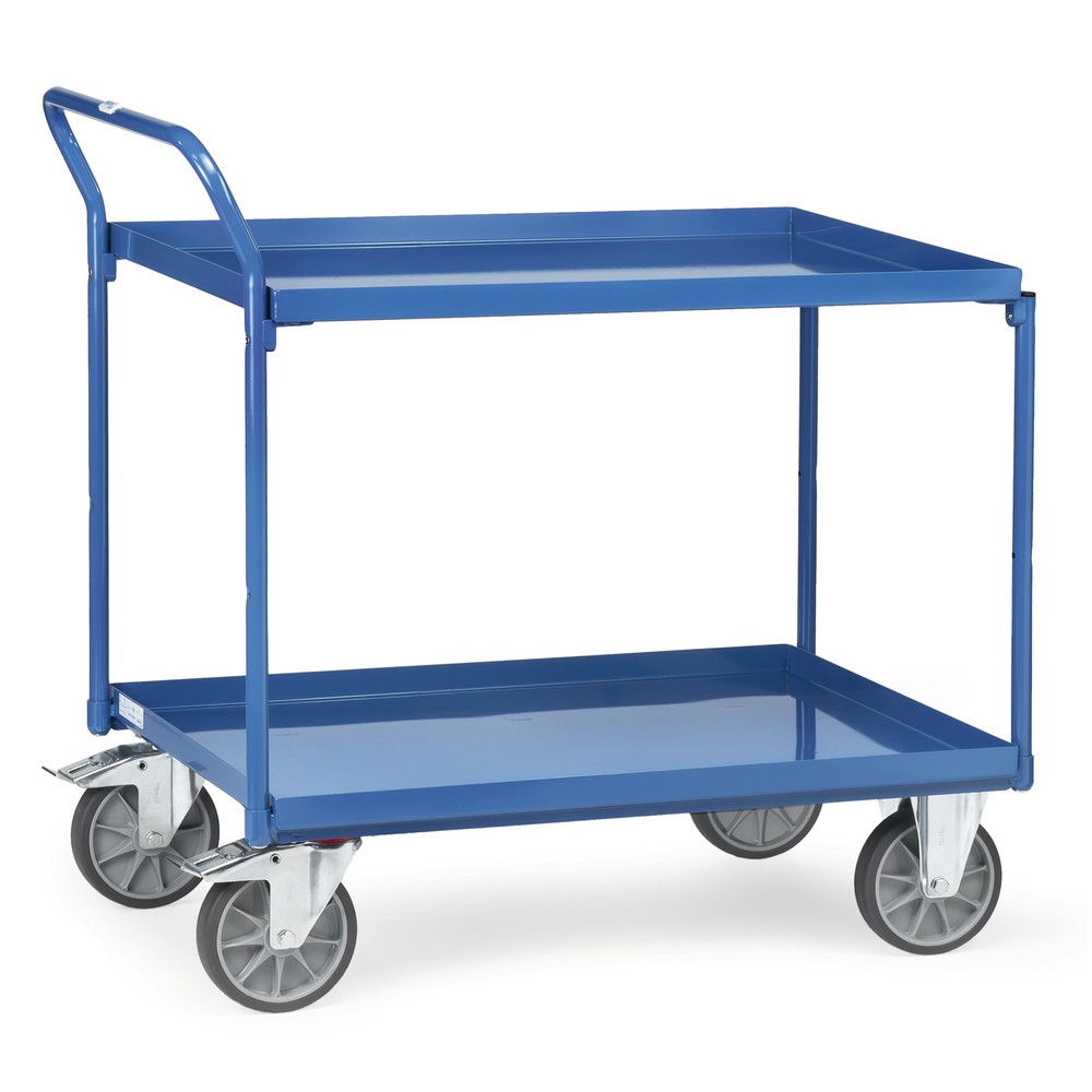 Produktabbildung: fetra® Tischwagen mit öldichten Wannen, 2 Etagen à 850 x 500 mm, hochstehender Bügel