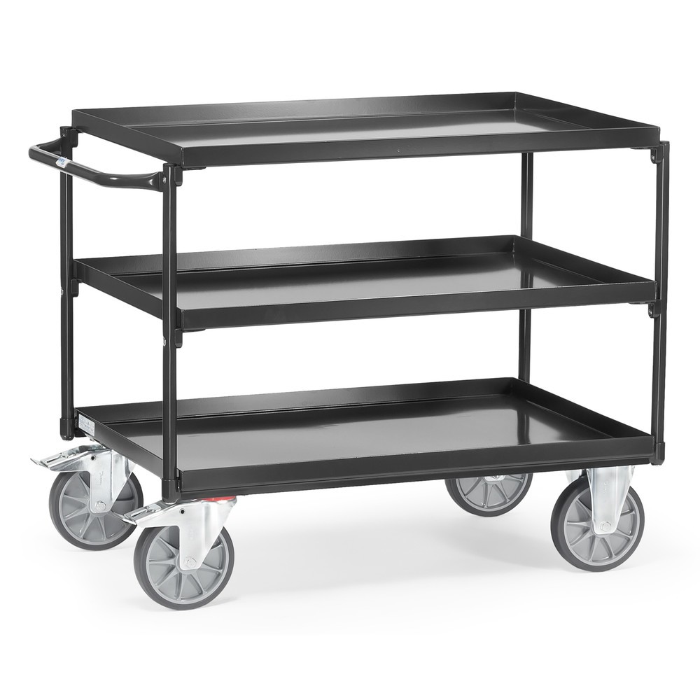 Produktabbildung: fetra® Tischwagen mit öldichten Wannen, 3 Etagen à 1.000 x 700 mm, waagerechter Bügel, anthrazitgrau