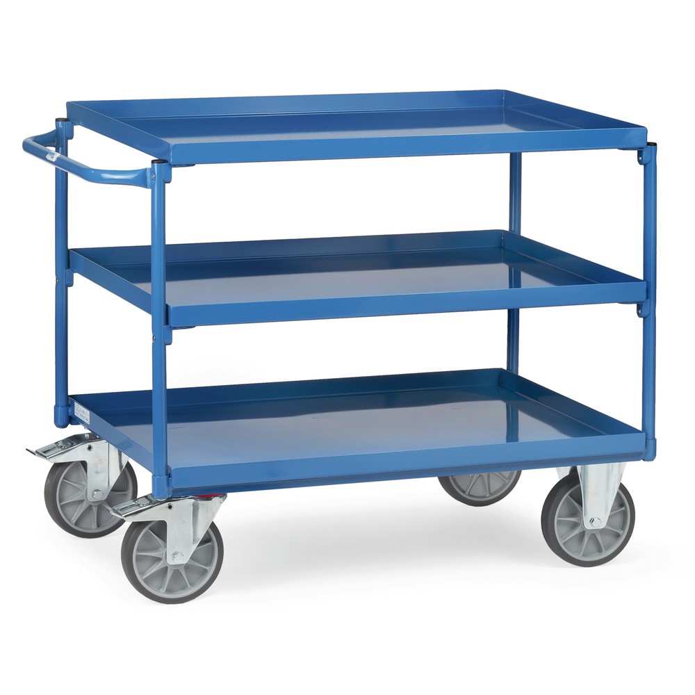 Produktabbildung: fetra® Tischwagen mit öldichten Wannen, 3 Etagen à 850 x 500 mm, waagerechter Bügel