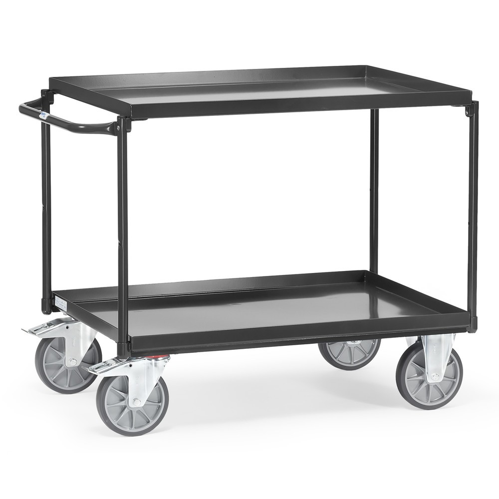Produktabbildung: fetra® Tischwagen mit öldichten Wannen, 2 Etagen à 1.000 x 700 mm, waagerechter Bügel, anthrazitgrau