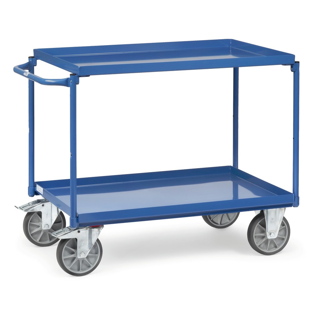 Produktabbildung: fetra® Tischwagen mit öldichten Wannen, 2 Etagen à 1.000 x 700 mm, waagerechter Bügel