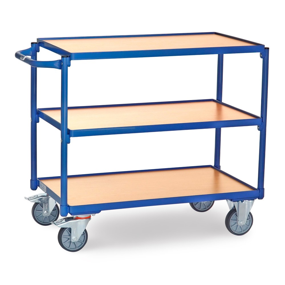 Produktabbildung: fetra® Tischwagen, TK 300 kg, 3 Etagen à 850 x 500 mm, waagerechter Schiebebügel