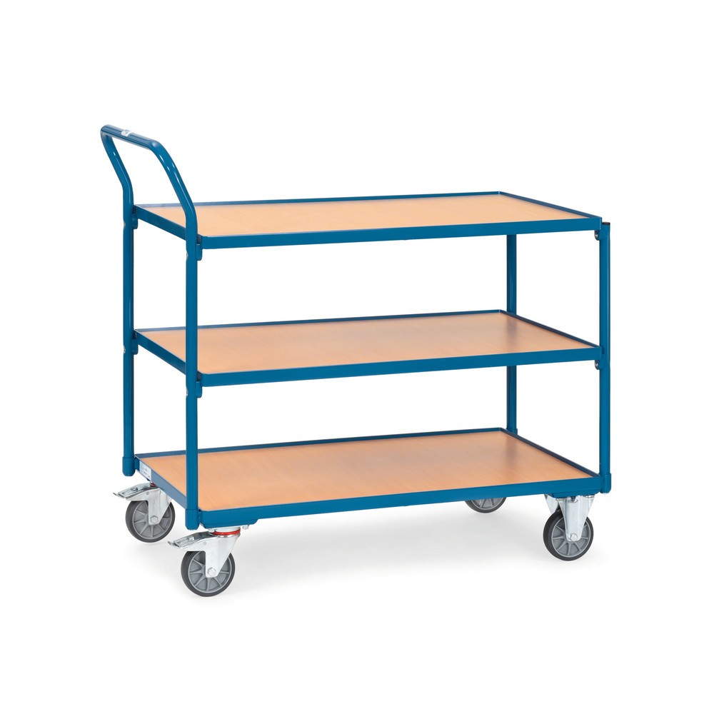 Produktabbildung: fetra® Tischwagen, TK 300 kg, 3 Etagen à 1.000 x 600 mm, hochstehender Schiebebügel
