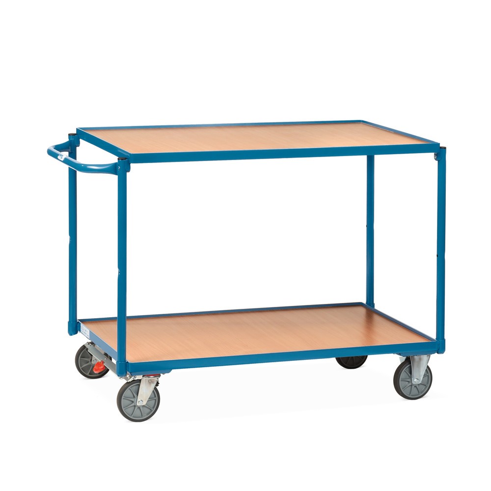 Produktabbildung: fetra® Tischwagen, TK 300 kg, 2 Etagen à 850 x 500 mm, waagerechter Schiebebügel, mit Zentralbremse