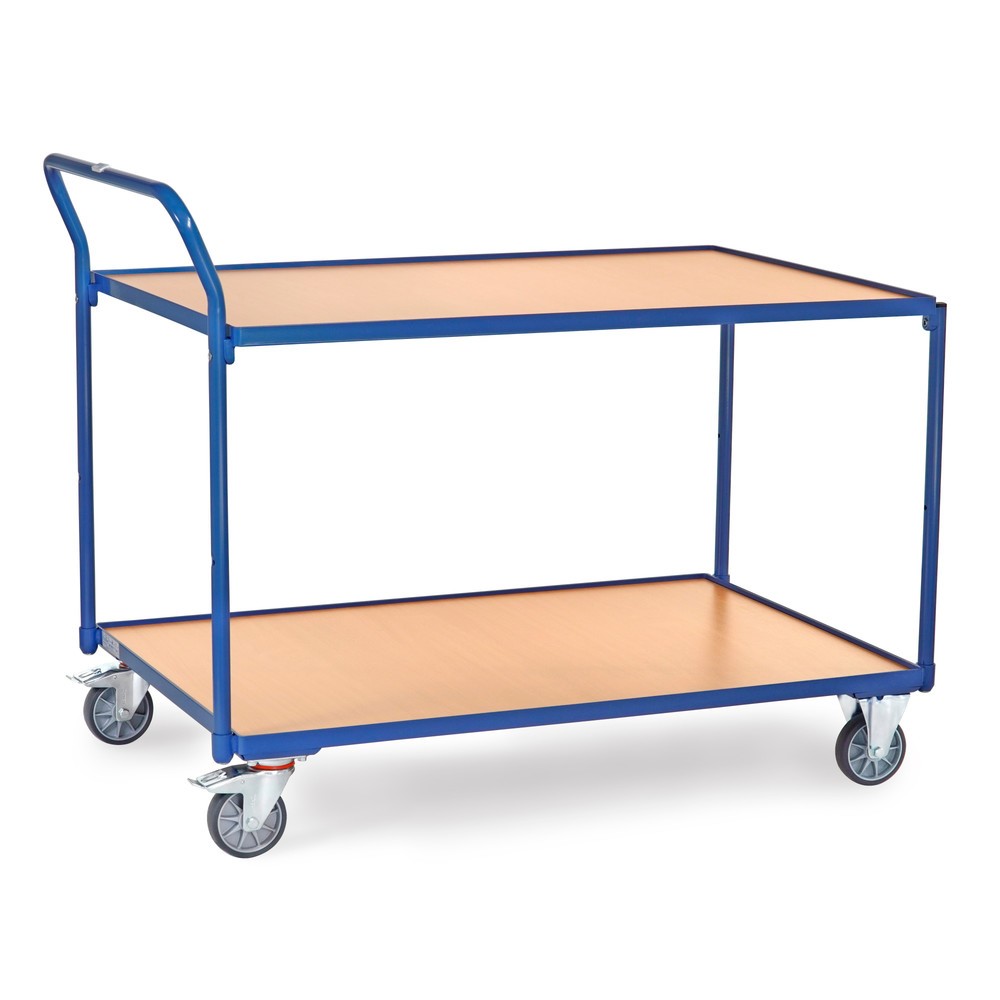 Produktabbildung: fetra® Tischwagen, TK 300 kg, 2 Etagen à 1.200 x 800 mm, hochstehender Schiebebügel