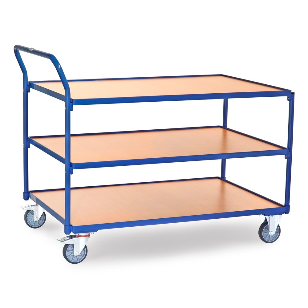 Produktabbildung: fetra® Tischwagen, TK 300 kg, 3 Etagen à 1.200 x 800 mm, hochstehender Schiebebügel