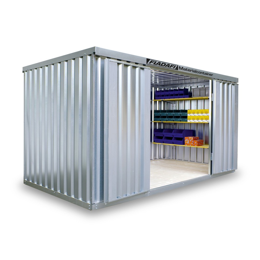 Produktabbildung: FLADAFI® Materialcontainer 2m², verzinkt, zerlegt, mit Holzfussboden, Masse aussen 2100x1140x2150 mm, Doppelflügeltür (asymmetrische Teilung), mittig in Breitseite
