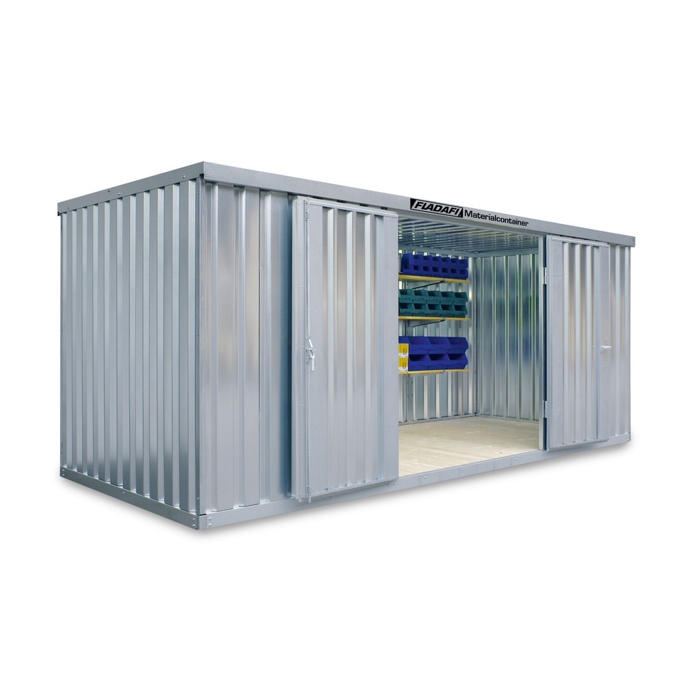 Produktabbildung: FLADAFI® Materialcontainer, verzinkt, zerlegt, 10 m², mit Holzfussboden, HxBxT 2.150 x 5.080 x 2.170 mm, Einzelflügeltür, mittig in Stirnseite