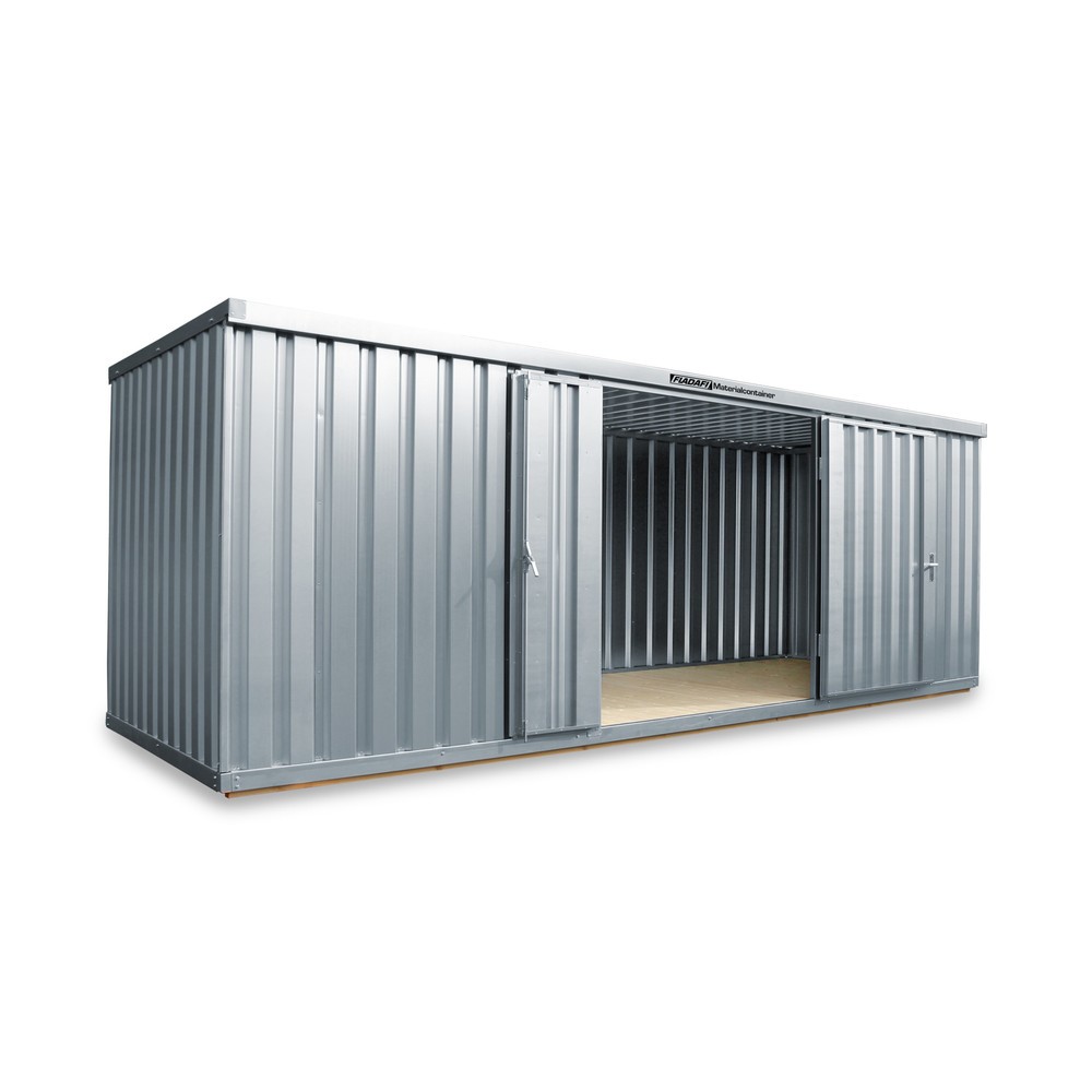 Produktabbildung: FLADAFI® Materialcontainer, verzinkt, zerlegt, 12 m², mit Holzfussboden, HxBxT 2.150 x 6.080 x 2.170 mm, Doppelflügeltür (asymmetrische Teilung), mittig in Stirnseite